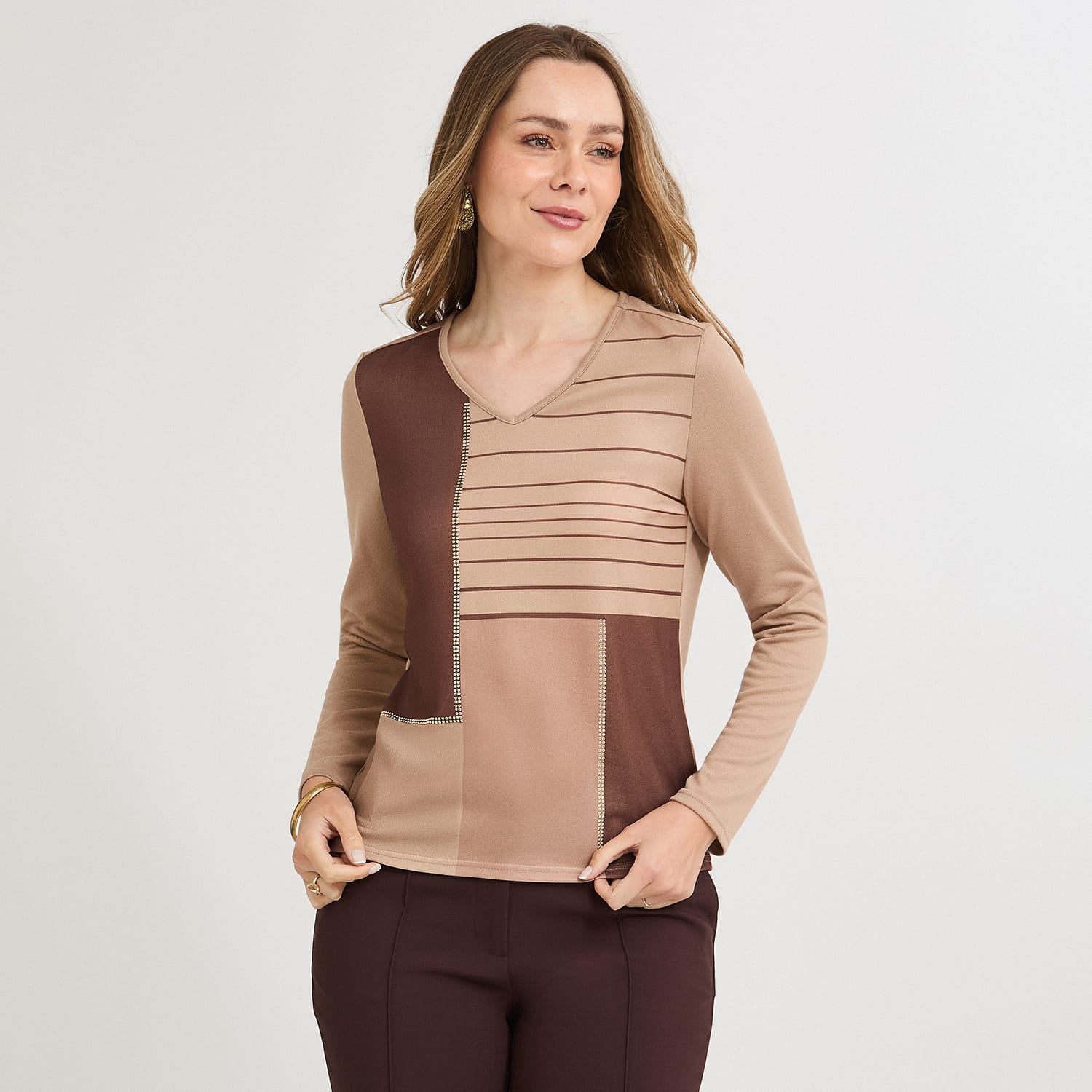Polera Lanilla Bloqus de Color con Strass Café